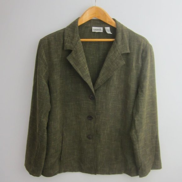 Vintage Chicos 3 Womens XL Dark Green Brown Long Sleeve Blazer Jacket Pockets - Picture 1 of 7